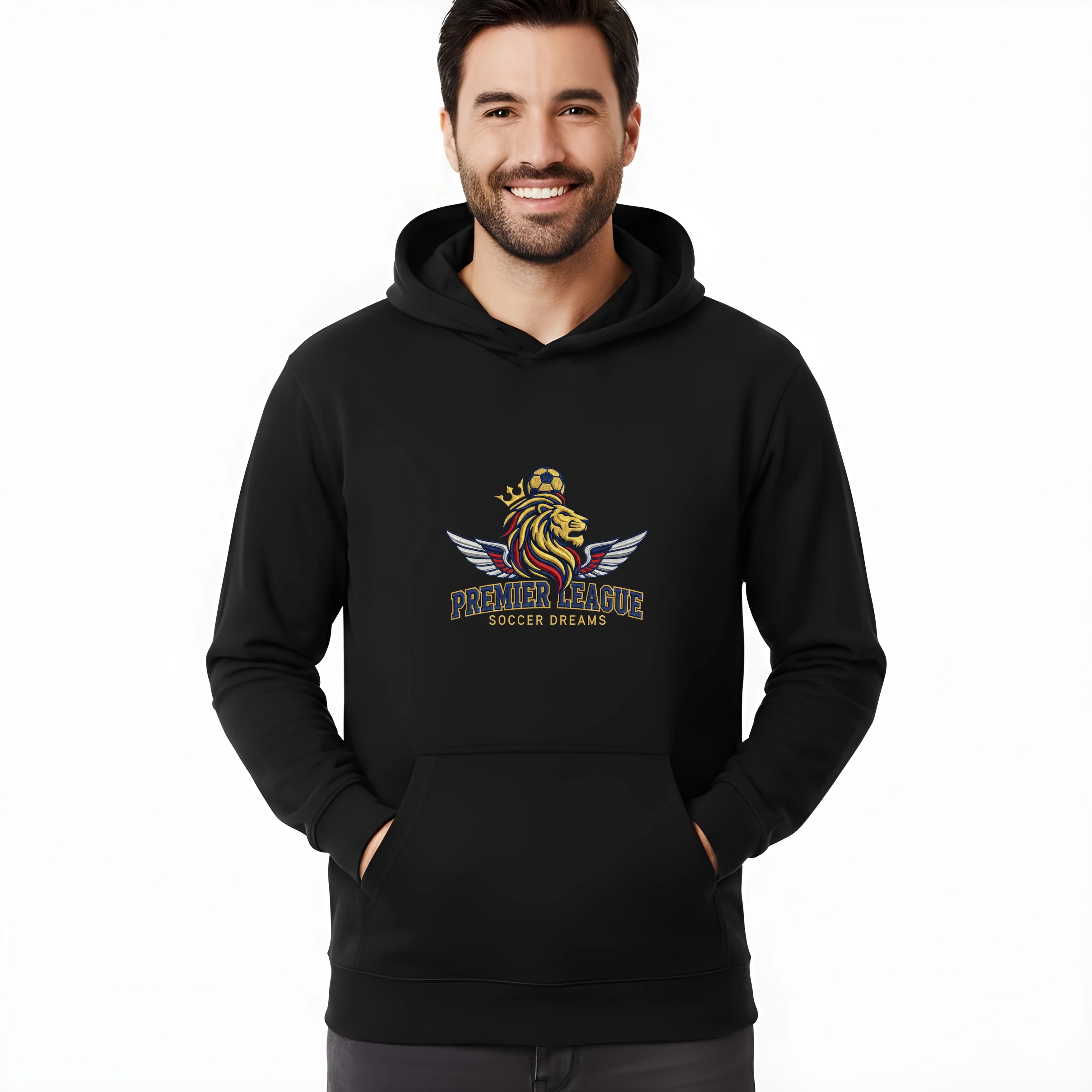 Bluza z kapturem Premier League królewski lew ze skrzydłami i piłkarską koroną marzeń