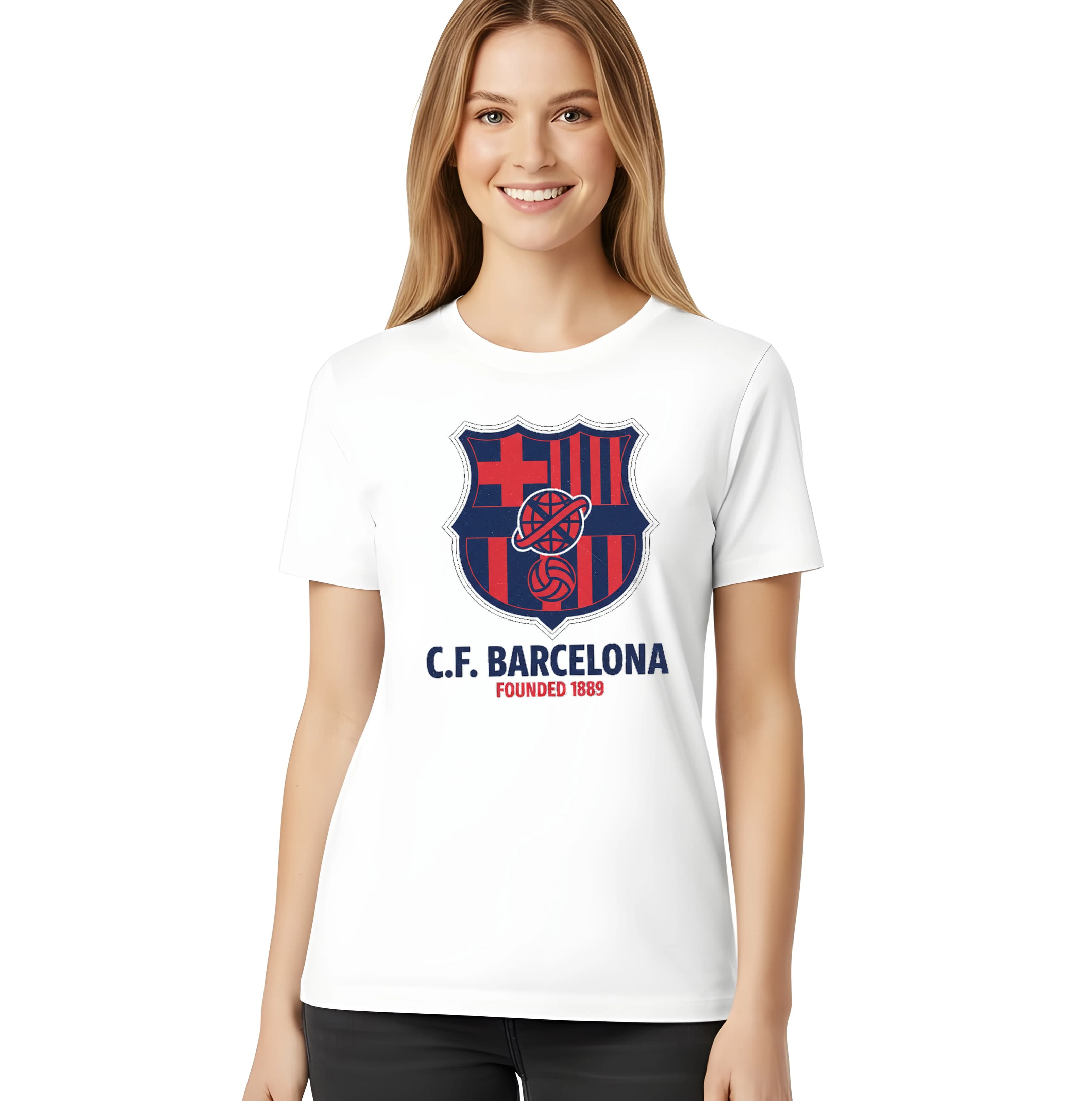 Koszulka damska CF Barcelona światowa tarcza retro piłki nożnej z historyczną patyną