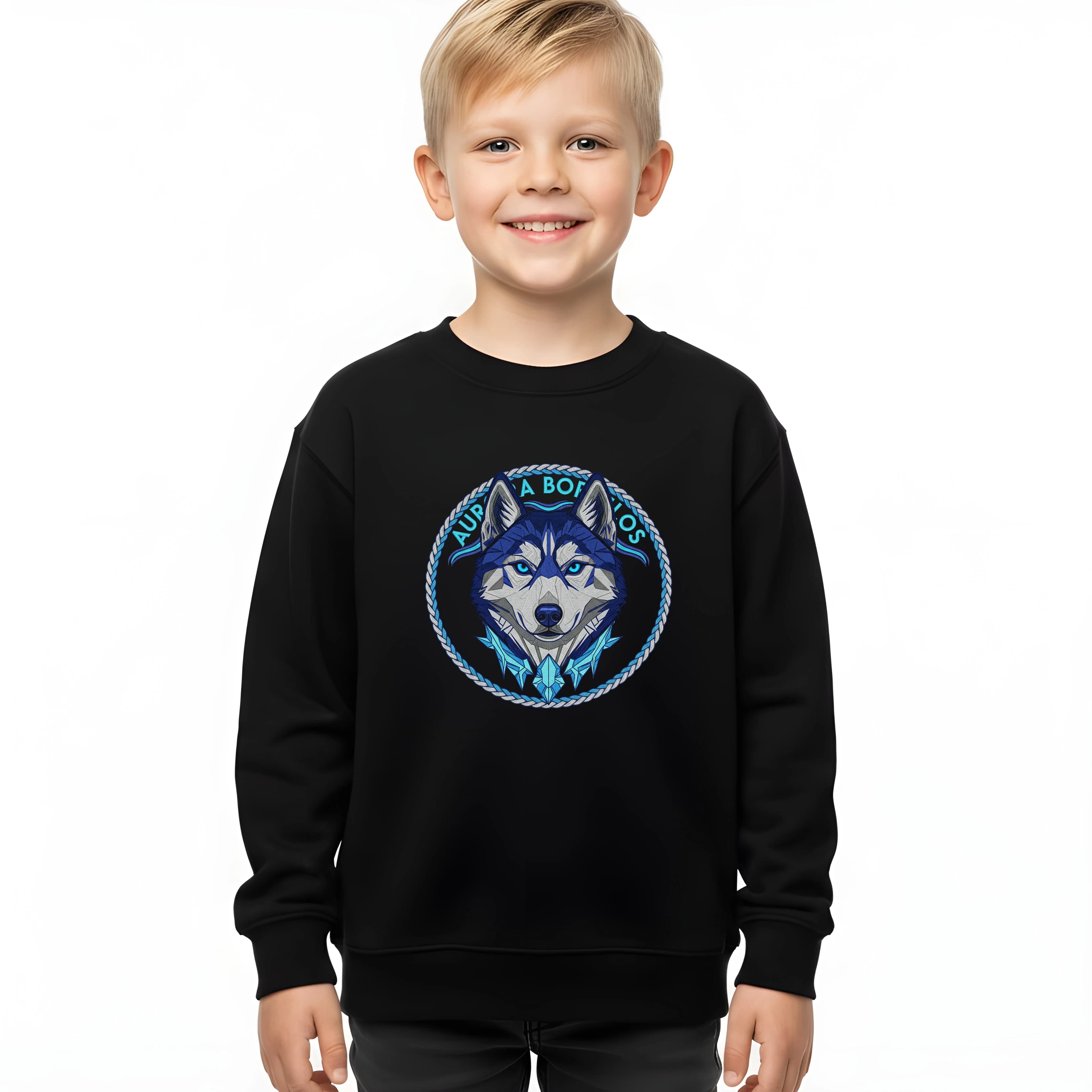 Bluza dziecięca Mroźny syberyjski husky z lodowym spojrzeniem, Aurora Borealis i kryształowym naszyjnikiem