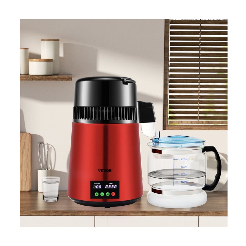 4L destylator wody, 1L/H, 750W maszyna do produkcji wody destylowanej z wyświetlaczem ustawienia temperatury 0-99H, 304 stal nierdzewna, stołowy destylator szklany, proszek do czyszczenia karafki, 3 sztuki, węgiel, czerwony