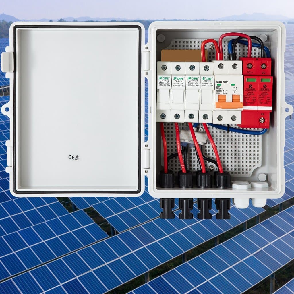 Skrzynka przyłączeniowa PV, 4 stringi, skrzynka przyłączeniowa solarna z bezpiecznikiem o prądzie znamionowym 15 A, wyłącznikiem automatycznym 63 A, odgromnikiem i złączem solarnym, do włączania/wyłączania paneli słonecznych, wodoodporna z ochroną IP65