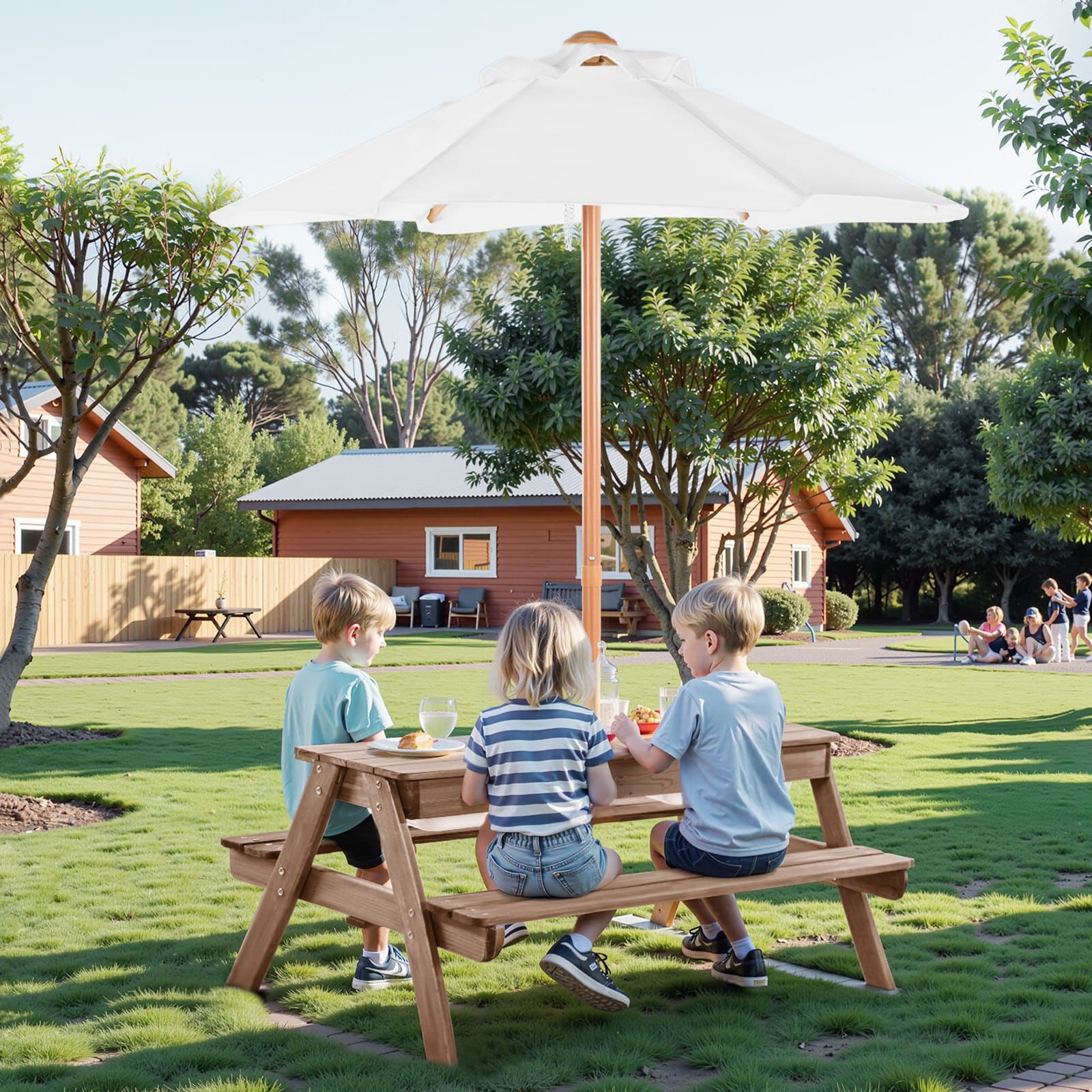 Stół piknikowy, drewniane stoły i ławki, zestaw parasolowy, ogród, do wewnątrz i na zewnątrz