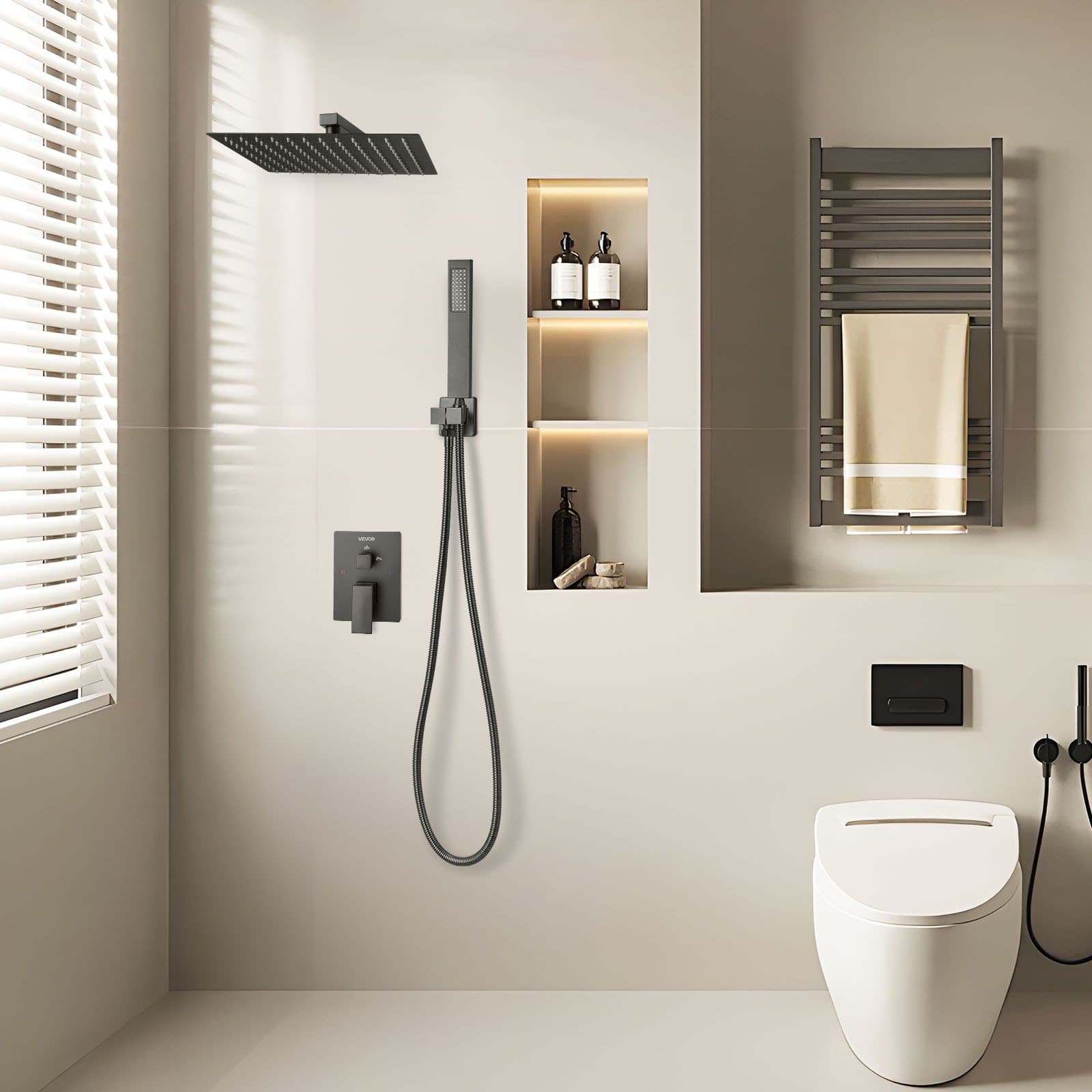 Zestaw baterii natryskowej, system prysznicowy z deszczownicą łazienkową, 12-calowa (30,5 cm) kwadratowa głowica prysznicowa i ręczny natrysk, armatura ścienna do wanny z zaworem mosiężnym i zestawem wykończeniowym, matowa czerń