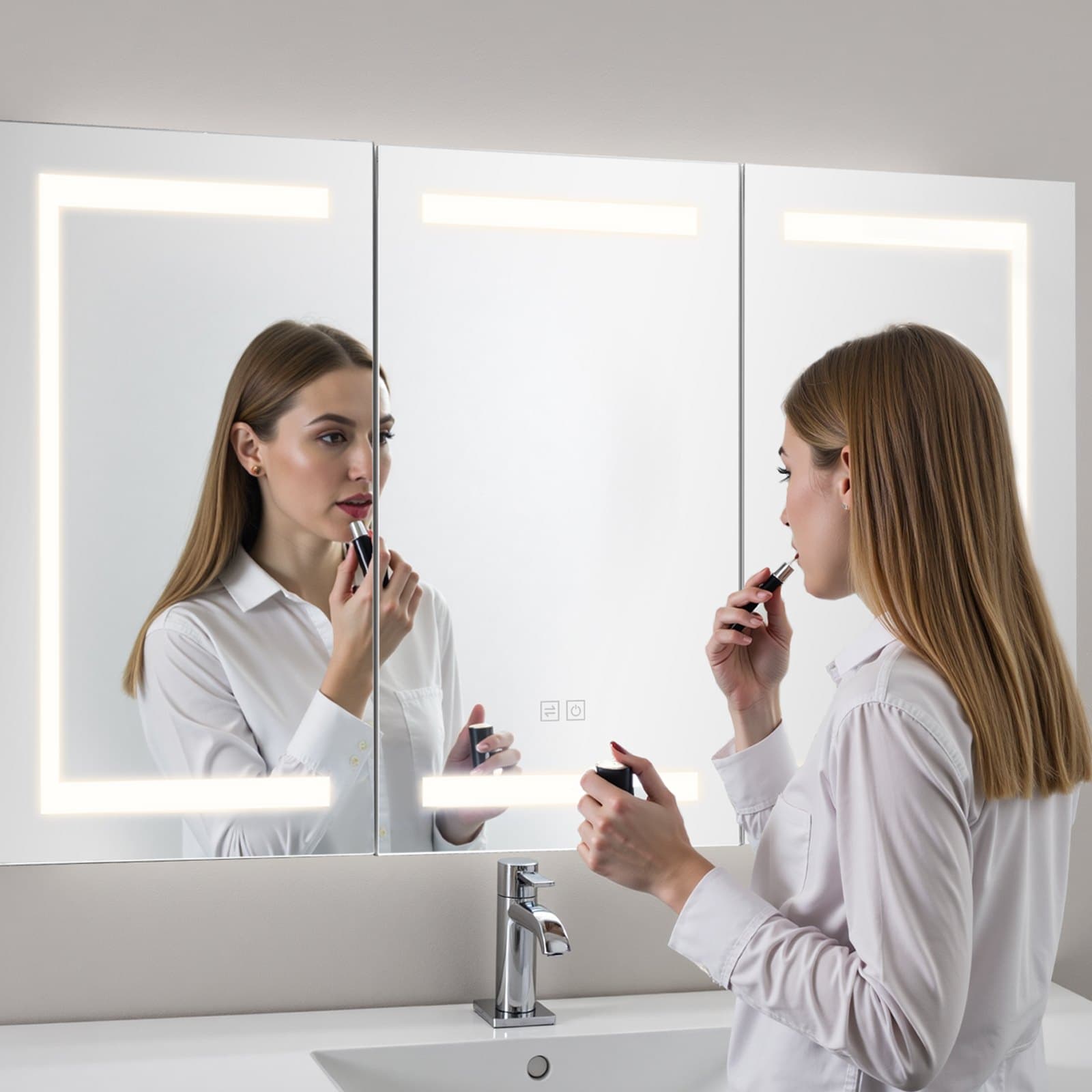 Oświetlona szafka na leki z lustrem, 100 x 60 cm, montowana na ścianie, 3-kolorowa przyciemniana szafka na leki LED do łazienki z lustrem ze szkła hartowanego, funkcją pamięci ustawień, 2 regulowanymi półkami, gniazdkami i portami USB