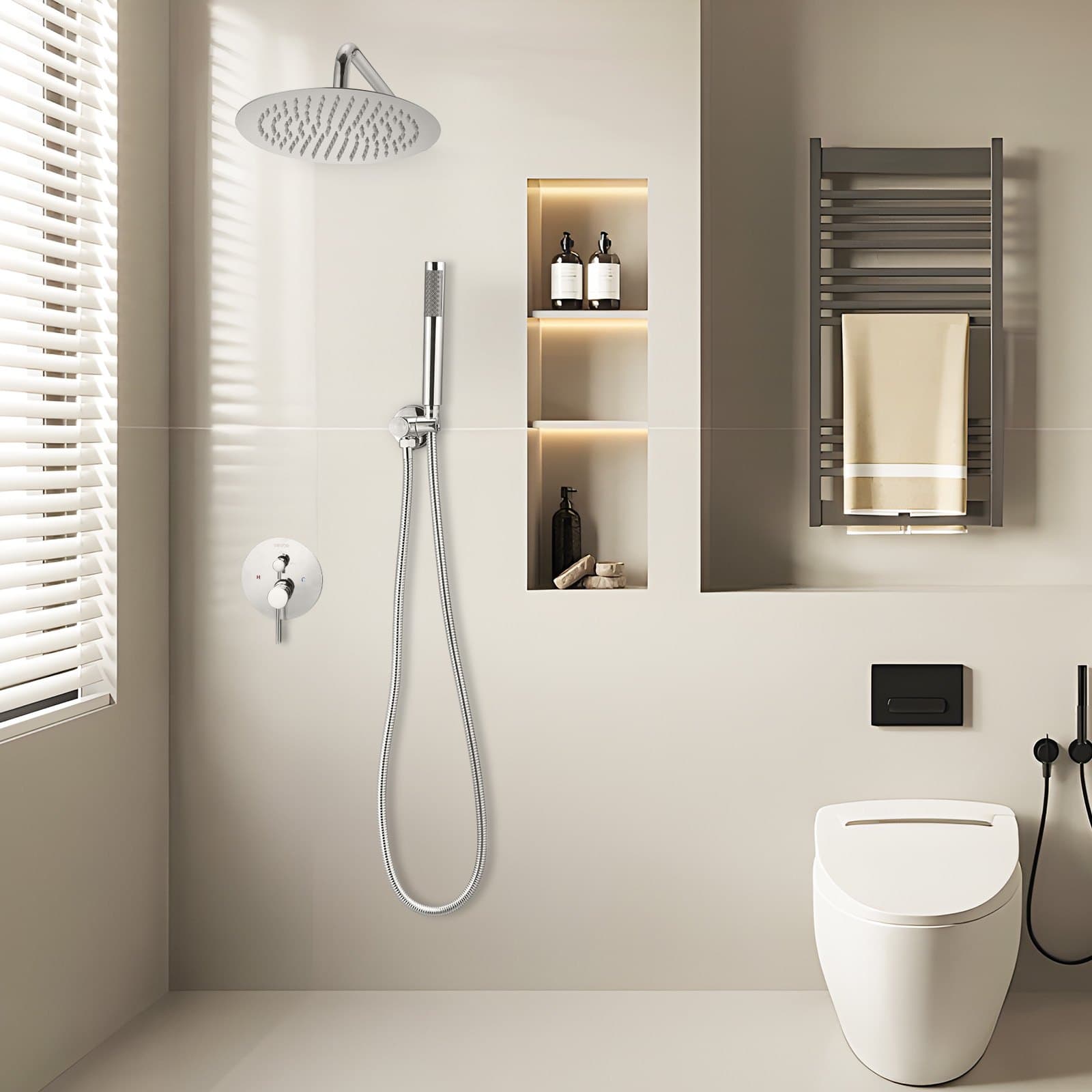 Zestaw baterii natryskowej, system prysznicowy z deszczownicą łazienkową z okrągłą głowicą prysznicową o średnicy 10 cali (25,4 cm) i słuchawką natryskową, armatura ścienna do wanny z zaworem mosiężnym i zestawem wykończeniowym, chrom srebrny