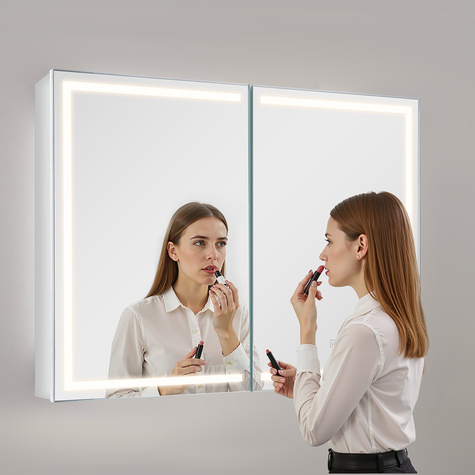 Oświetlona szafka na leki z lustrem, 60 x 80 cm, montowana na ścianie, 3-kolorowa przyciemniana szafka na leki LED z lustrem HD, funkcją pamięci ustawień/regulowanymi półkami/gniazdami i portami USB