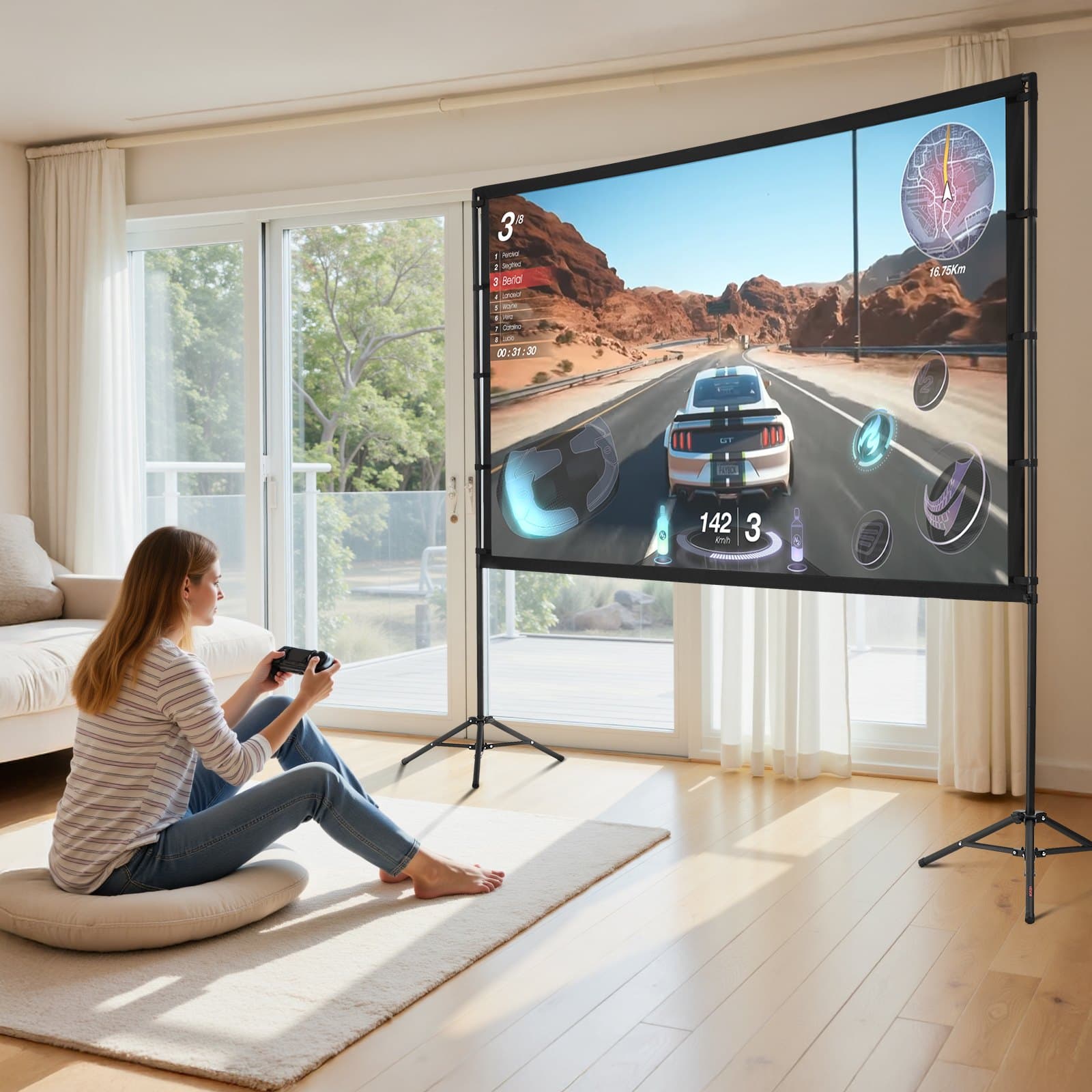 Ekran projekcyjny ze stojakiem, 100-calowy ekran projekcyjny o szerokim kącie widzenia 160° do użytku wewnątrz i na zewnątrz, 16:9 4K HD, bez zagnieceń, przenośny, podwójny statyw z torbą transportową, do prezentacji filmowych w kinie domowym