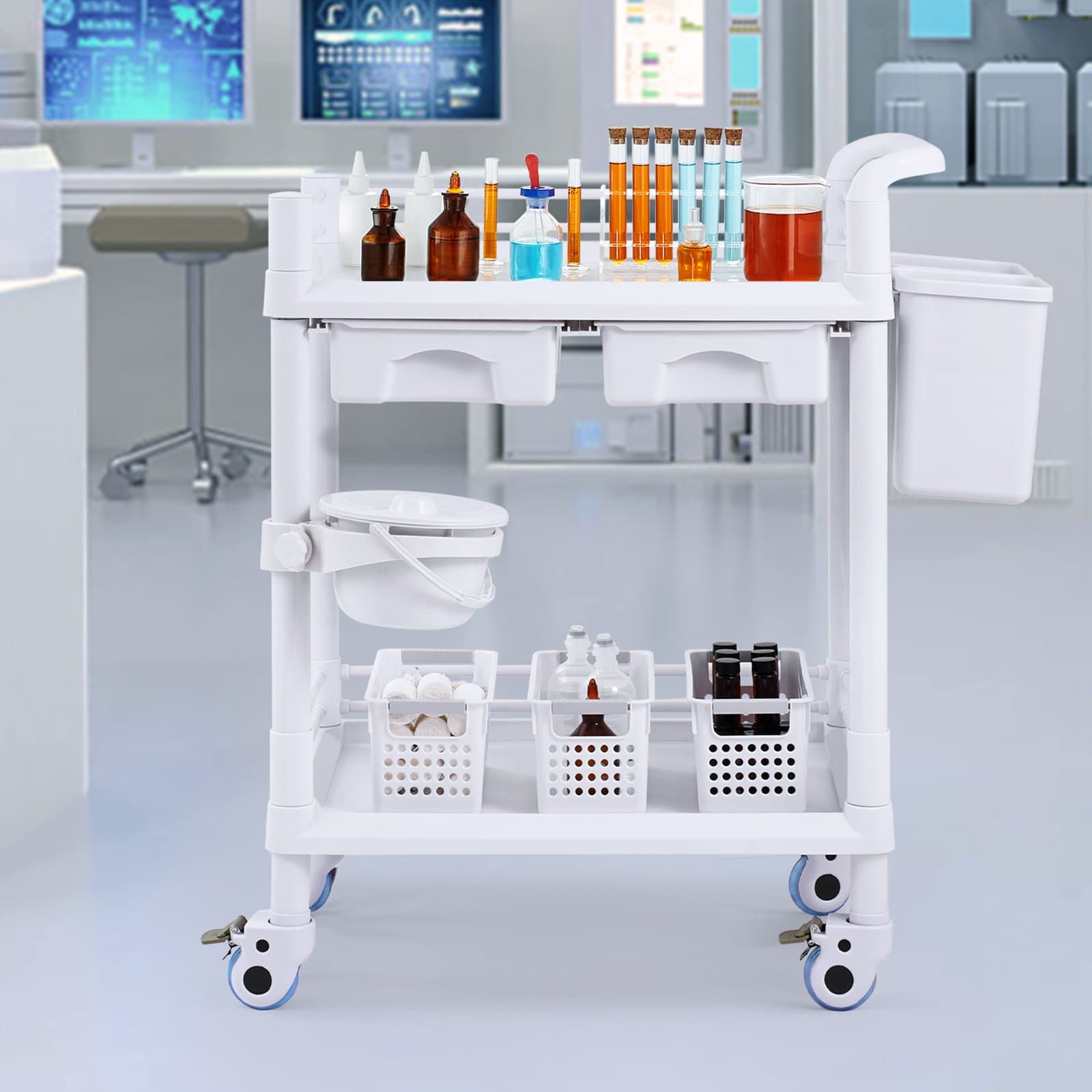 Wózki laboratoryjne 2-poziomowe, wózek laboratoryjny z 2 tacami, 2 szufladami i 4 cichymi kółkami, mobilny wózek medyczny z materiału PP, wózek laboratoryjny na kółkach z 3 koszami na śmieci do laboratorium, kliniki, szpitala, salonu, biały