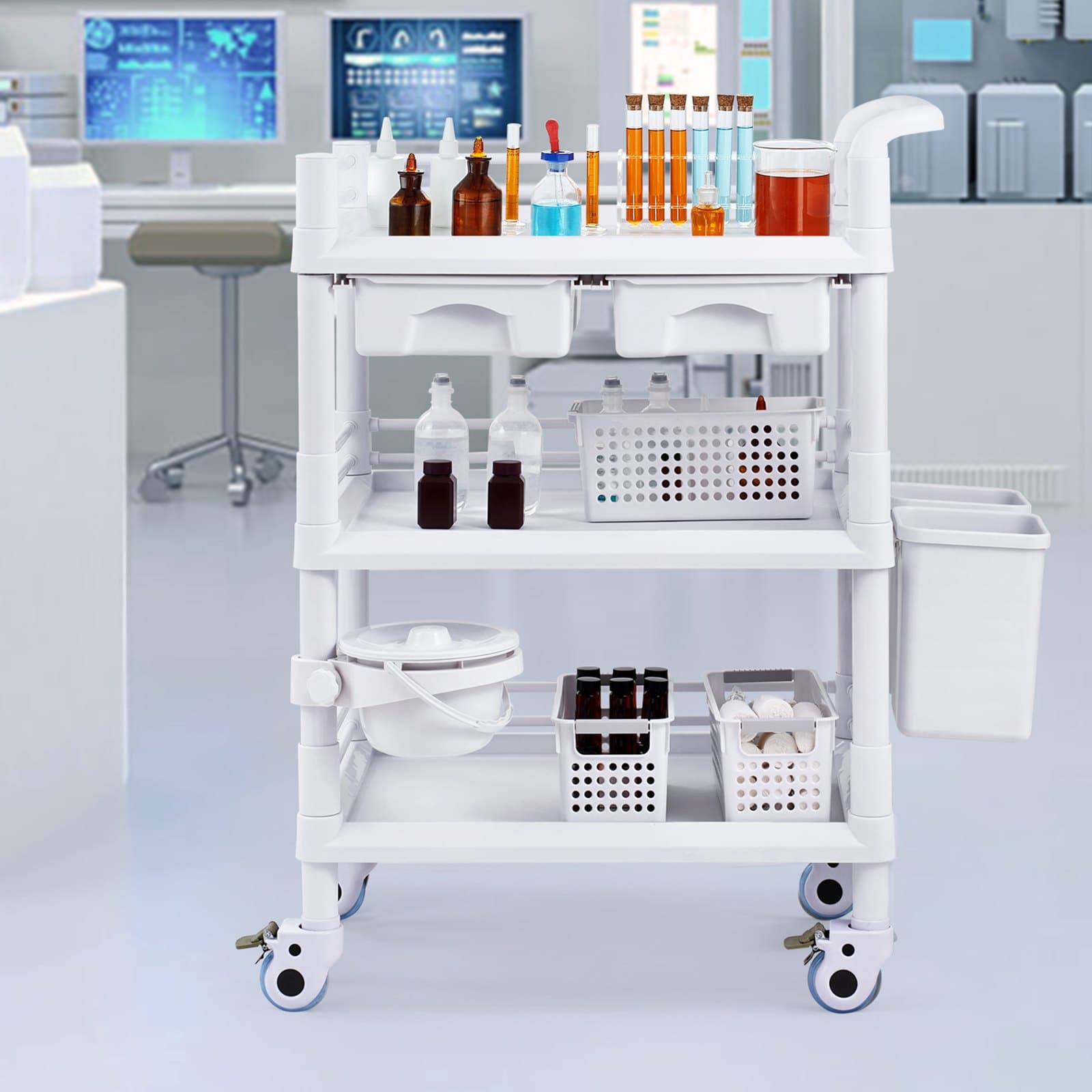 Wózki laboratoryjne 3-poziomowe, wózek laboratoryjny z 3 tackami i 4 cichymi kółkami, mobilny wózek medyczny z materiału PP, wózek laboratoryjny na kółkach z 3 koszami na śmieci do laboratorium, kliniki, szpitala, salonu, biały