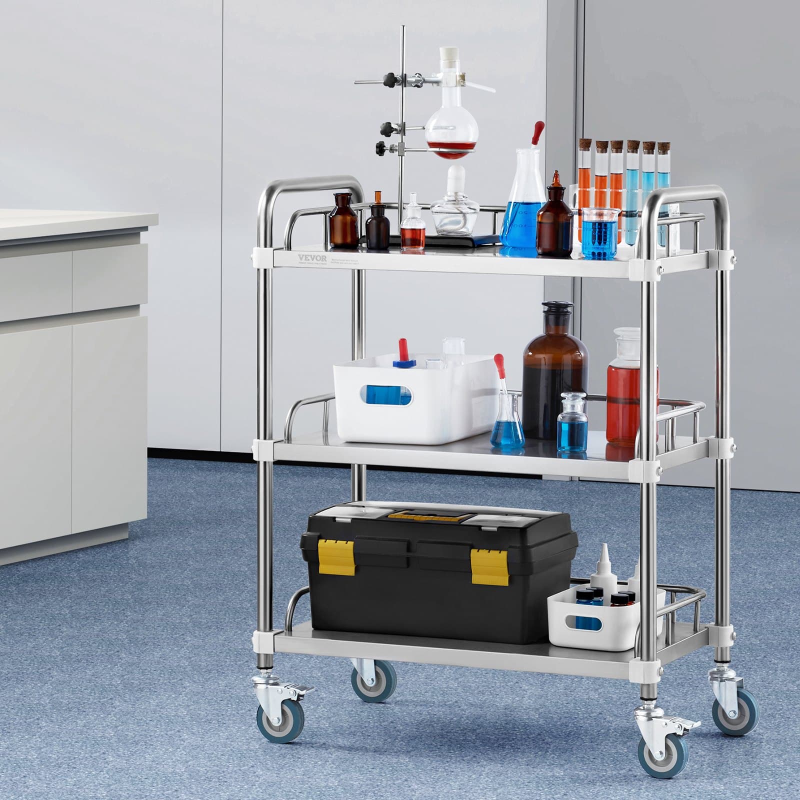 Wózek laboratoryjny na kółkach, wózek laboratoryjny ze stali nierdzewnej z 3 półkami, wózek do serwowania z kółkami obrotowymi, wózek narzędziowy do gabinetu stomatologicznego, laboratorium, szpitala, salonu, 70 x 395 x 867 mm