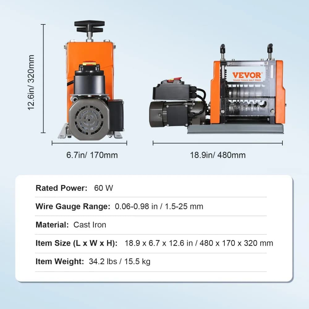 Automatyczna maszyna do ściągania izolacji z przewodów, elektryczny ściągacz izolacji z napędem silnikowym o zakresie 1,5–25 mm, 60 W, z widoczną głębokością zdejmowania izolacji, 6 kanałów okrągłych i 1 płaski do recyklingu złomu miedzianego