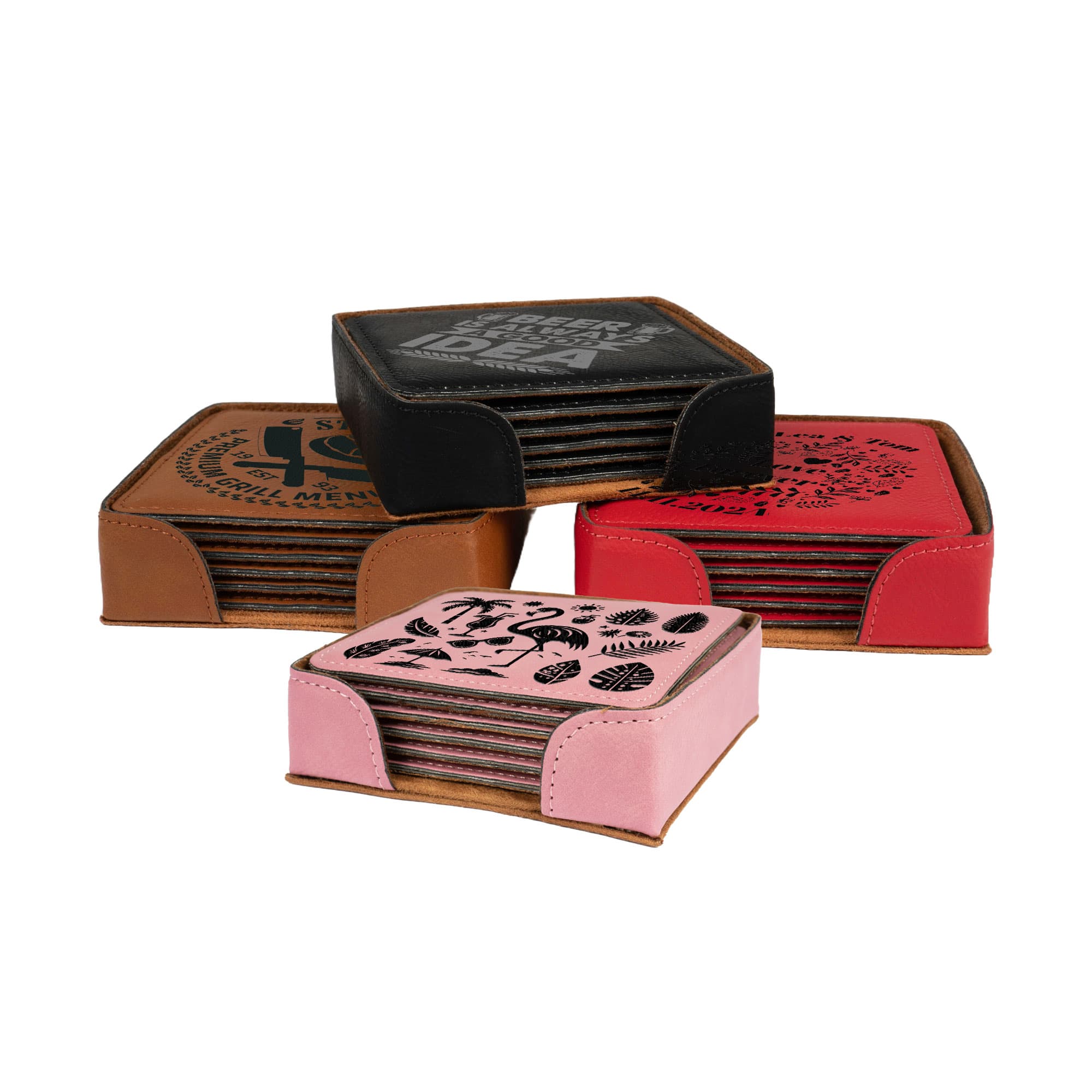 Zestaw podstawek laserowych ze skóry ekologicznej 100 x 100 mm Zestaw 6 elementów z uchwytem, różne kolory