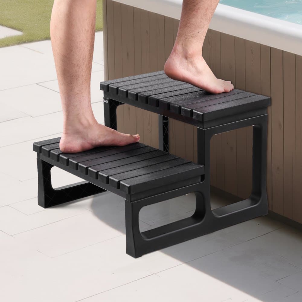 Schody zewnętrzne do jacuzzi, dwustopniowe, wytrzymałe, naziemne/nadmuchiwane, PP, szerokość 599,5 mm, udźwig 145,2 kg, wielofunkcyjne, na werandę, patio, taras, do kamperów, czarne