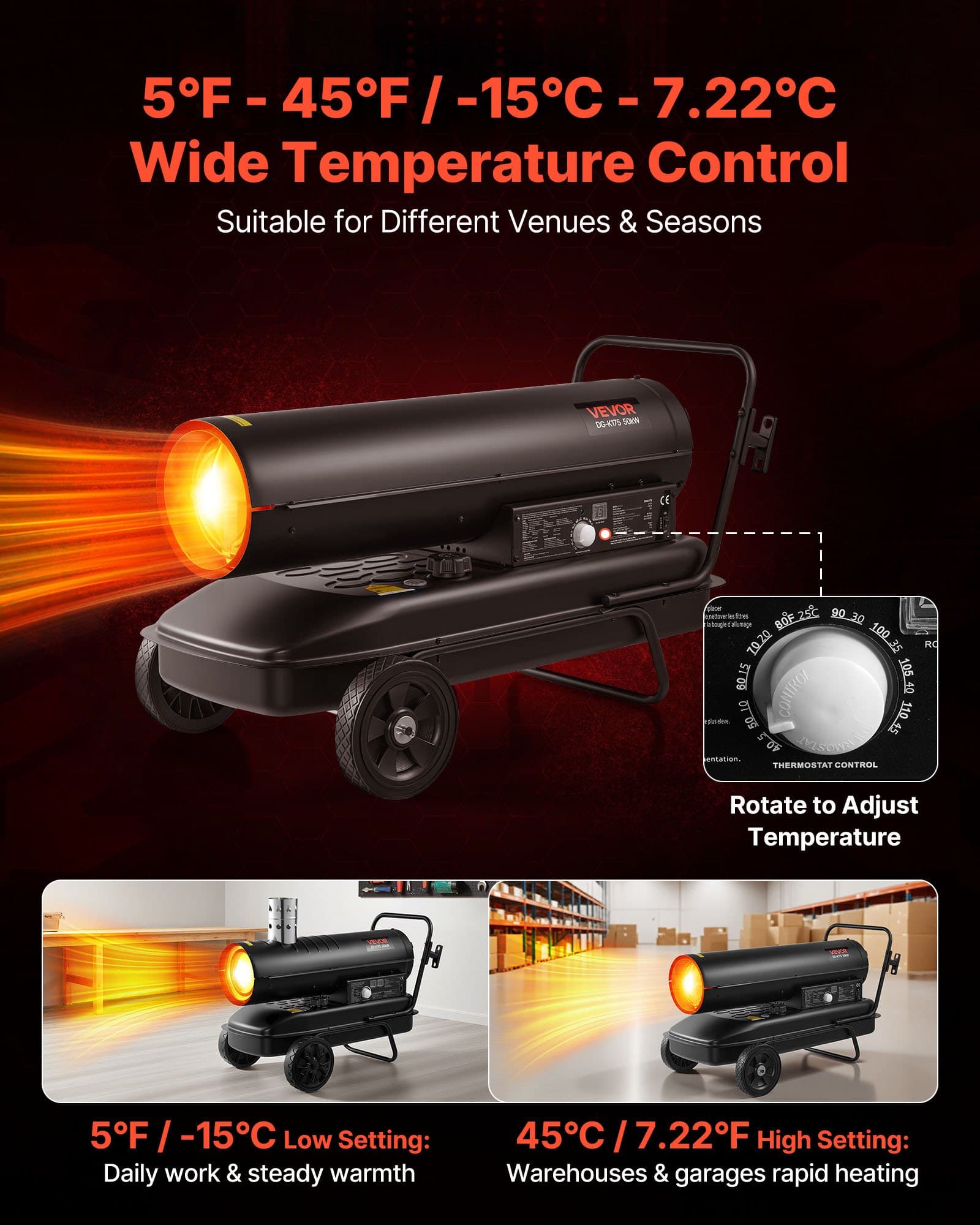 50 kW, nadmuchowy ogrzewacz na naftę i olej napędowy, przenośny ogrzewacz Torpedo z kółkami i regulacją temperatury, z dmuchawą do użytku na placu budowy/w garażu/magazynie/warsztacie/na zewnątrz, czarny