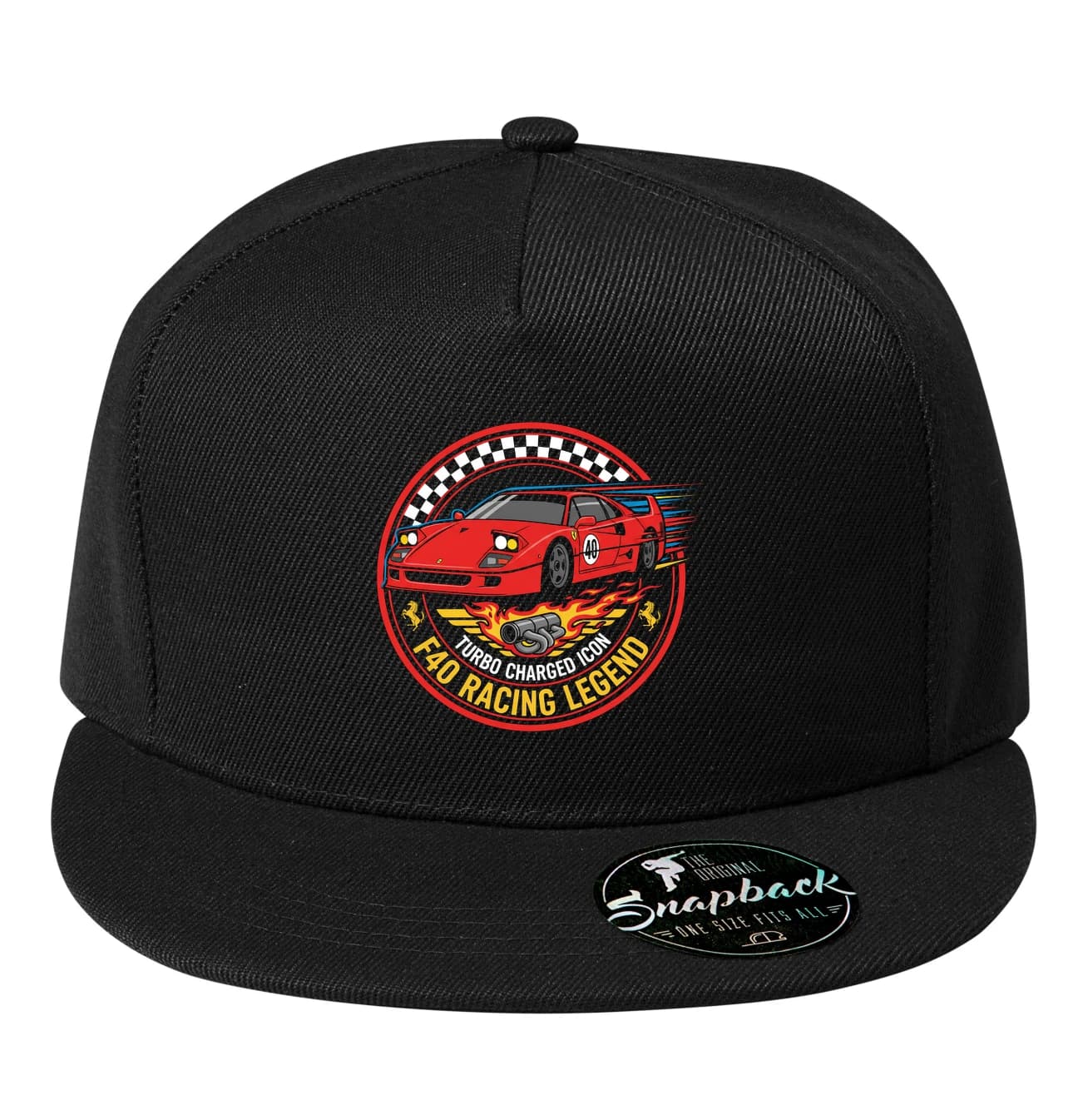 Czapka snapback Ferrari F40 Turbo, płomienna wyścigowa ikona, legenda prędkości i mocy