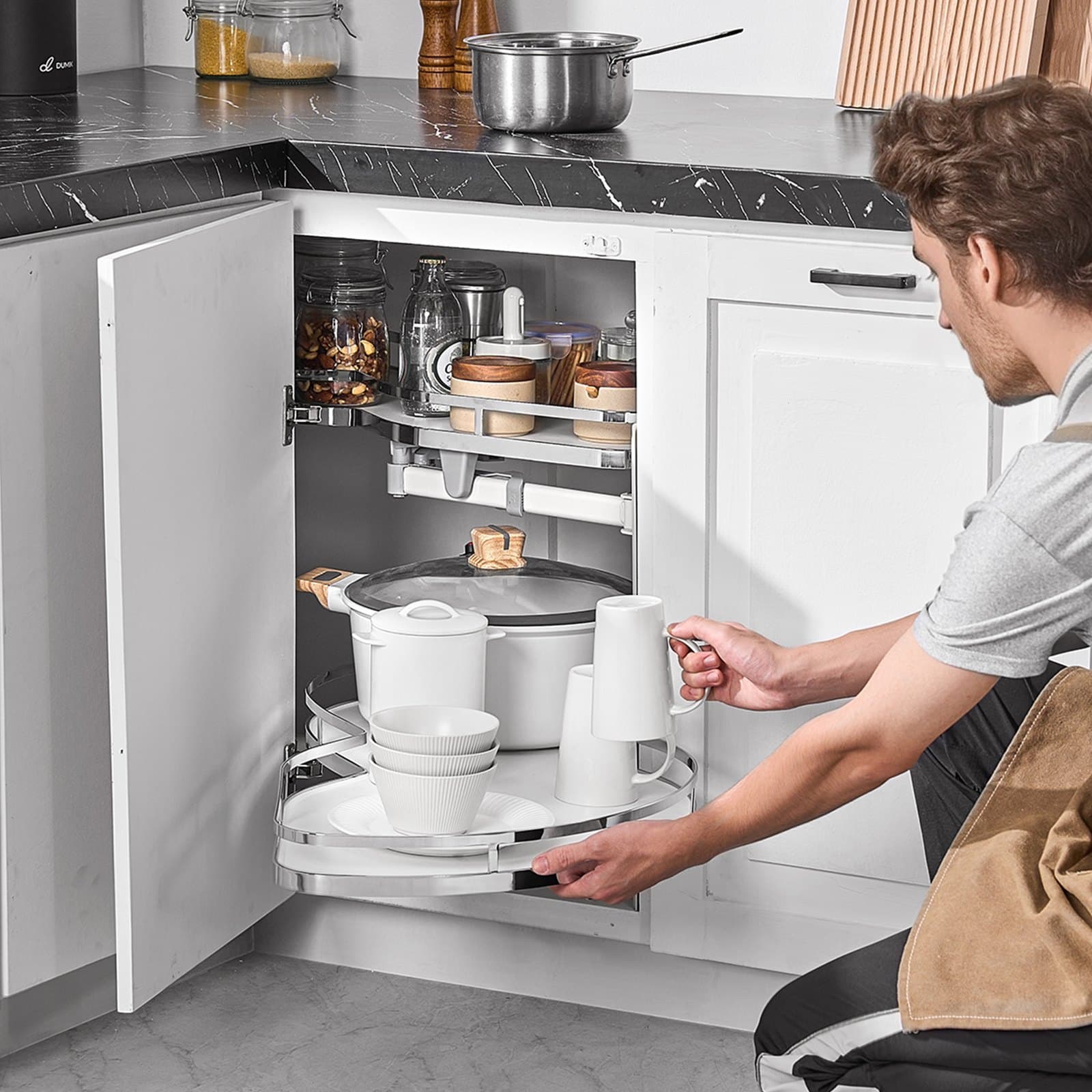 Szafka narożna z żaluzjami, otwierana w prawo, wysuwany organizer do szafki z żaluzjami o szerokości 36 cali, 2-poziomowa, regulowana wysokość, organizer do żaluzji kuchennych z cichym domykiem, otwierany w prawo